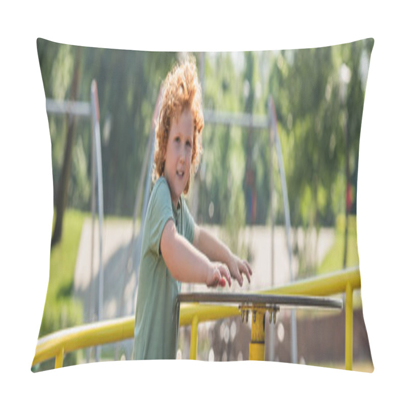 Personality  Redhead Kid Looking At Camera While Riding Carousel In Summer Park, Banner Pillow Covers