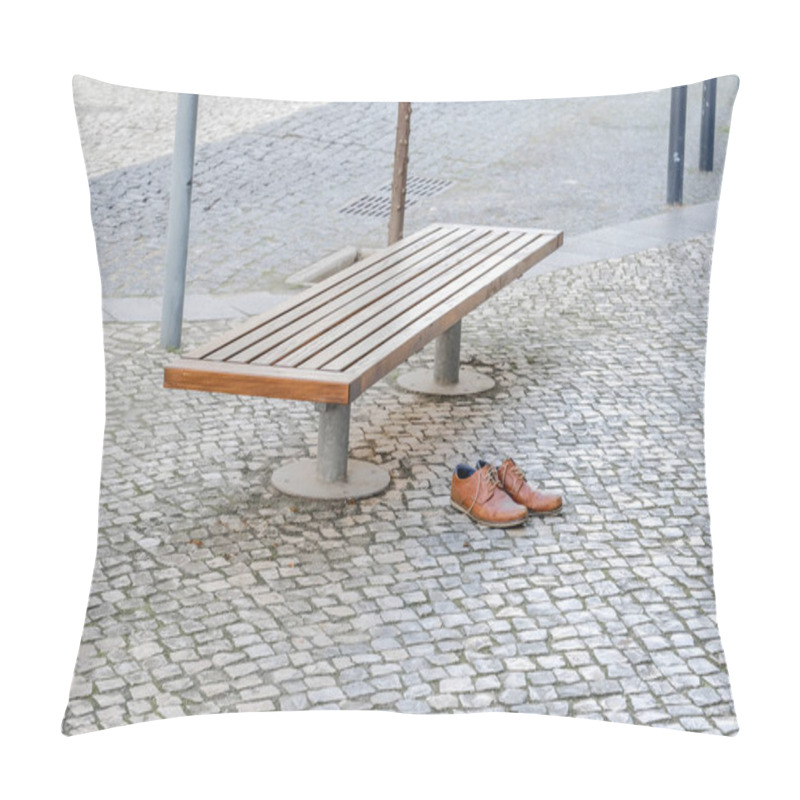 Personality  Brown Leather Shoes On A Cobblestone Pavement Next To A Bench In An Urban Setting. Pillow Covers