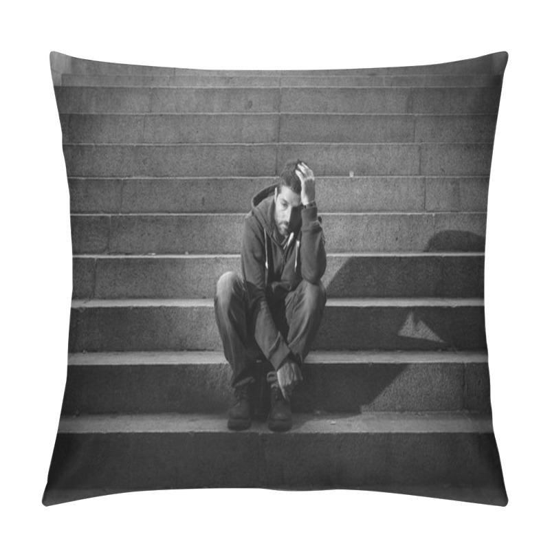 Personality  Young Man Lost In Depression Sitting On Ground Street Concrete Stairs Pillow Covers