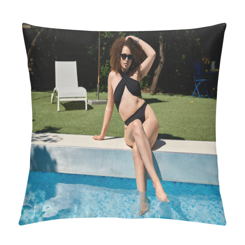 Personality  A Woman With Curly Hair Relaxes By The Pool In A Black Swimsuit, Dipping Her Toes In The Refreshing Water. Pillow Covers