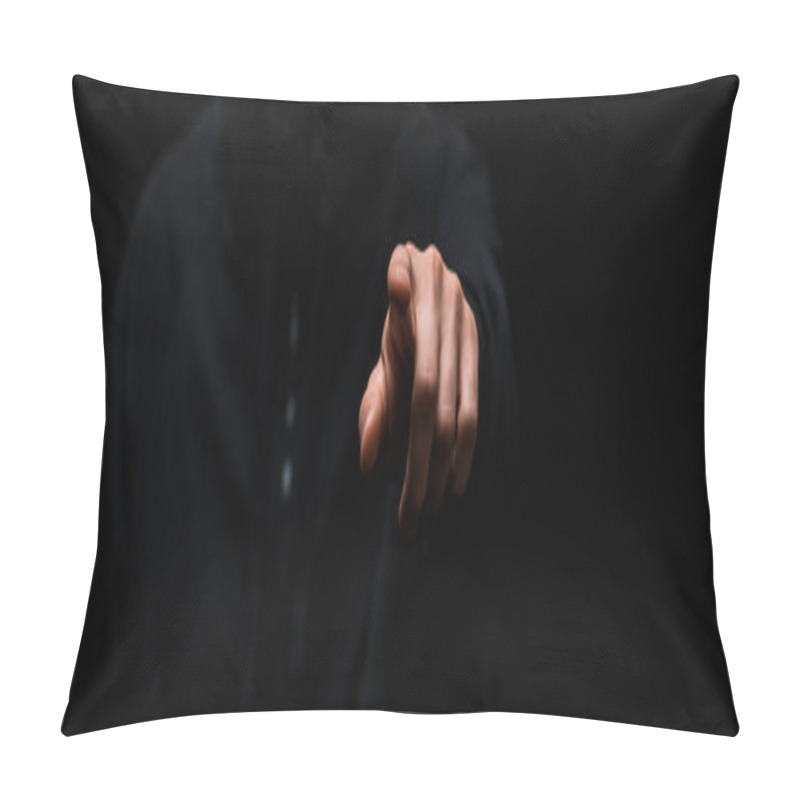 Personality  Panoramic Shot Of Hacker Pointing With Finger Isolated On Black  Pillow Covers