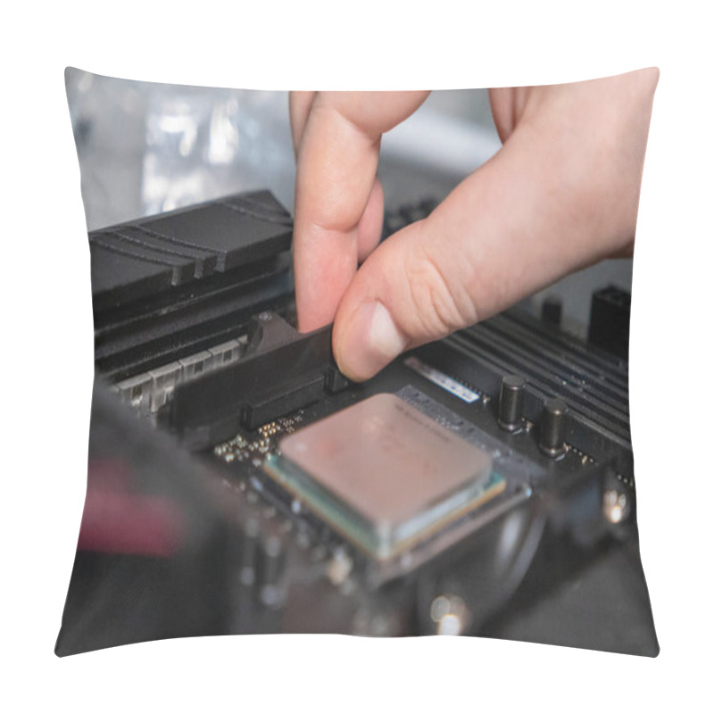 Personality  Nserting Component Onto Computer Motherboard, Close-up Of Hand Fixing Hardware During Pc Assembly Pillow Covers