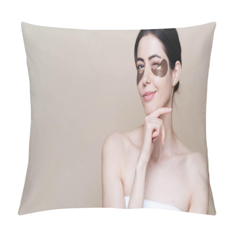 Personality  Young Beautiful Woman With Clean Fresh Facial Skin, Uses Eye Patches Pillow Covers