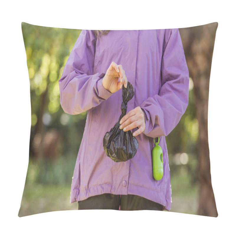 Personality  Cropped Shot Of Young Woman Holding Trash Bag While Cleaning After Pet In Park Pillow Covers