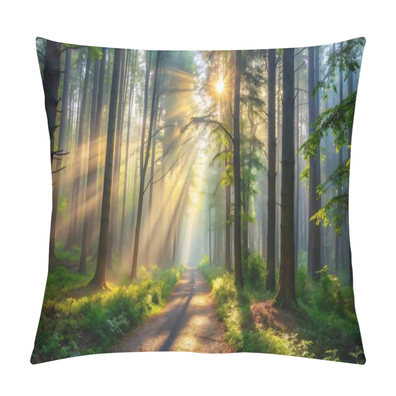 Personality  Misty Forest Trail With Light Breaking Through The Trees Fog In Nature Full HD Photo Download Pillow Covers