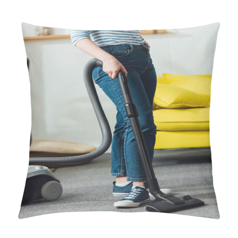 Personality  Cropped View Of Woman Cleaning Carpet With Vacuum Cleaner In Living Room Pillow Covers