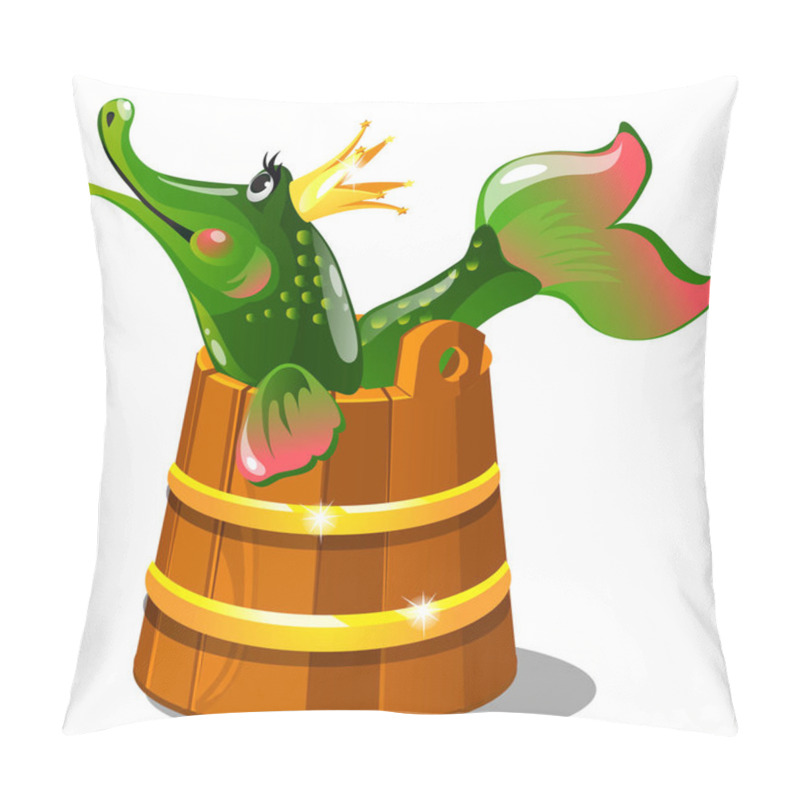 Personality  Green Talking Pike With A Golden Crown In A Wooden Bucket Isolated On White Background. The Characters Of Russian Folk Tales, Upon Pikes Will. Vector Cartoon Close-up Illustration. Pillow Covers