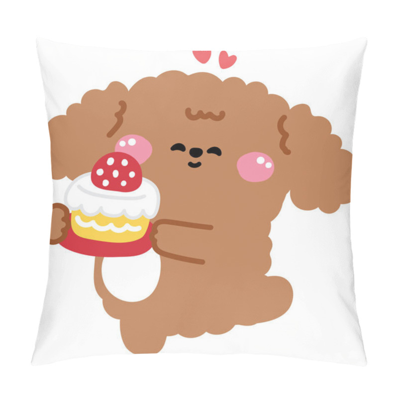 Personality  Cute Dog Hold Strawberry Cake.Heart.Bakery.Sweet And Dessert.Birthday Cake.Pet Animal Character Cartoon Design.Image For Card,sticker,baby Clothing.Kawaii.Vector.Illustration.  Pillow Covers