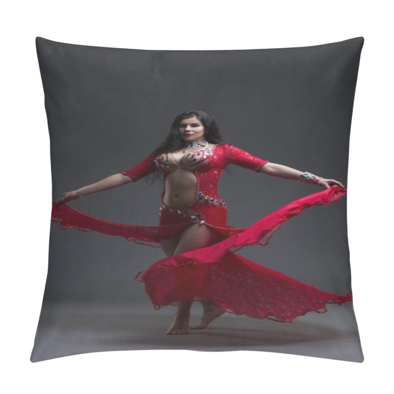 Personality  Young Beautiful Exotic Eastern Women Performs Belly Dance In Ethnic Red Dress On Gray Background Pillow Covers