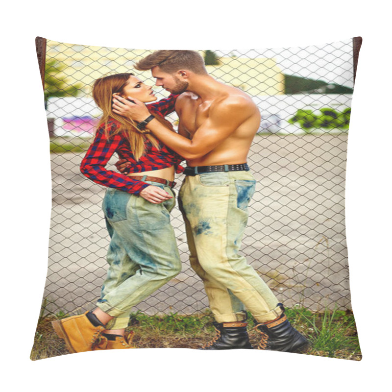 Personality  Sexy Stylish Blond Young Woman Model With Bright Makeup With Perfect Sunbathed Skin And Handsome Muscled Man In Jeans Outdoors Pillow Covers