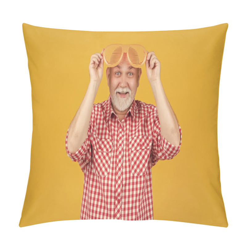 Personality  Happy Senior Man Or Granddad In Party Glasses On Yellow Background. Pillow Covers