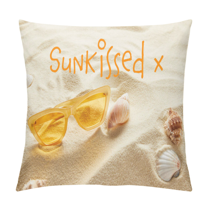 Personality  Yellow Stylish Sunglasses On Sand With Seashells And Sun-kissed Lettering Pillow Covers