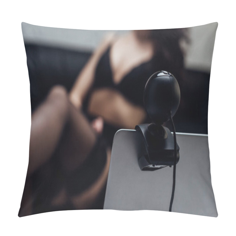 Personality  Selective Focus Of Laptop With Web Camera And Girl In Bra And Stockings On Sofa Pillow Covers