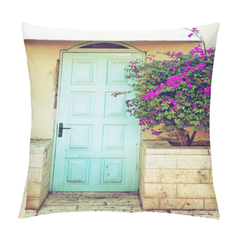 Personality  Old Blue Rustic Wooden Door And Flowers Pillow Covers