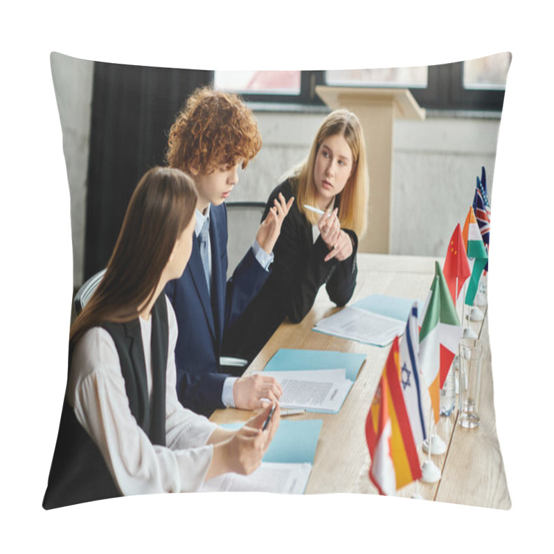 Personality  Teenagers Participate In A Model UN Conference, Engaging In Diplomatic Discussions And Debate. Pillow Covers