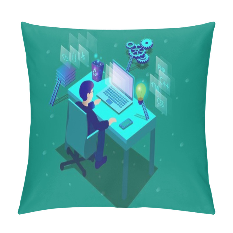 Personality  3d Isometric Digital Design Programing Software And Technologies. Man On The Computer Working At New Website Design. Pillow Covers