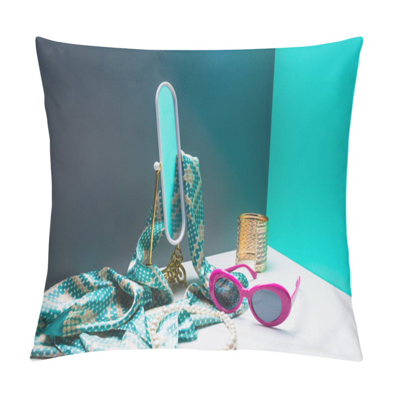 Personality  Toy Mirror With Silk Scarf And Stylish Accessories In Miniature Blue Room Pillow Covers