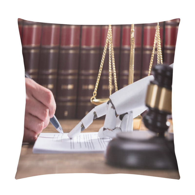 Personality  Close-up Of Robotic Hand Assisting Person In Filling Form Over Desk Pillow Covers