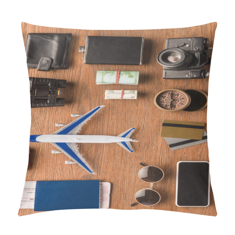 Personality  Top View Of Different Travel Attributes On Wooden Surface Pillow Covers