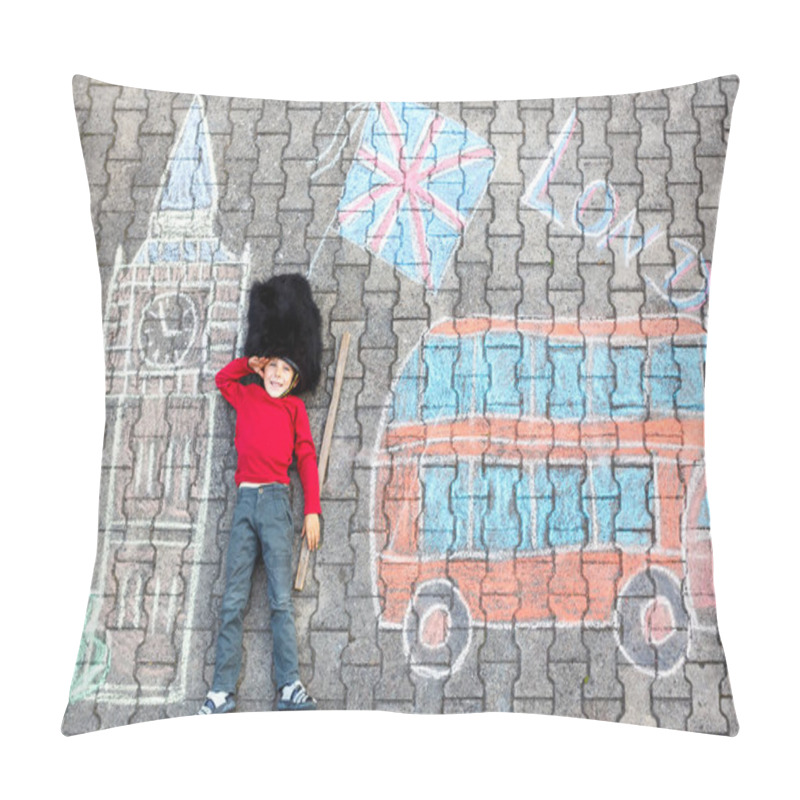 Personality  Kid Boy In British Soldier Uniform With London Chalks Picture Pillow Covers