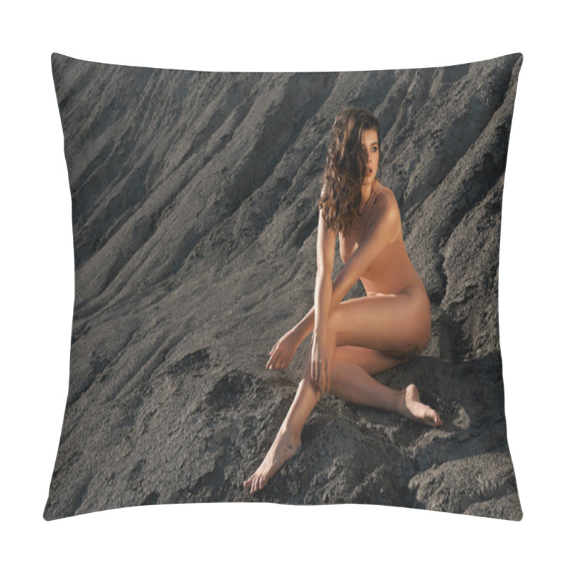 Personality  Woman With Heavy Make Up Posing On Black Sand In Quarry. Pillow Covers