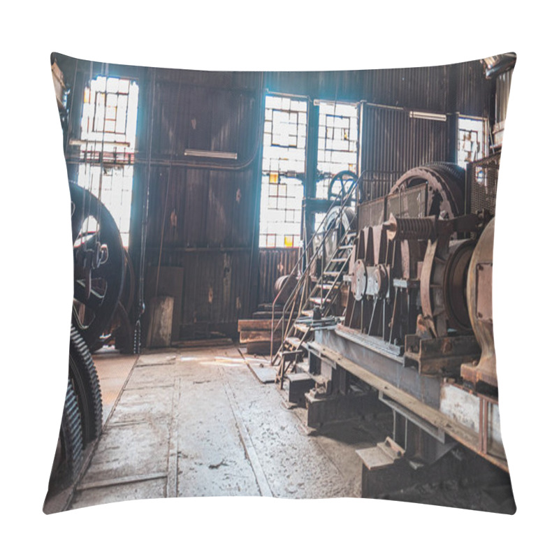 Personality  Inside An Industrial Machine Room, Sunlight Pours Through Windows, Illuminating Massive Rusted Gears And Machinery. The Setting Conveys A Sense Of Historical Heritage And Vintage Engineering Nostalgia Pillow Covers