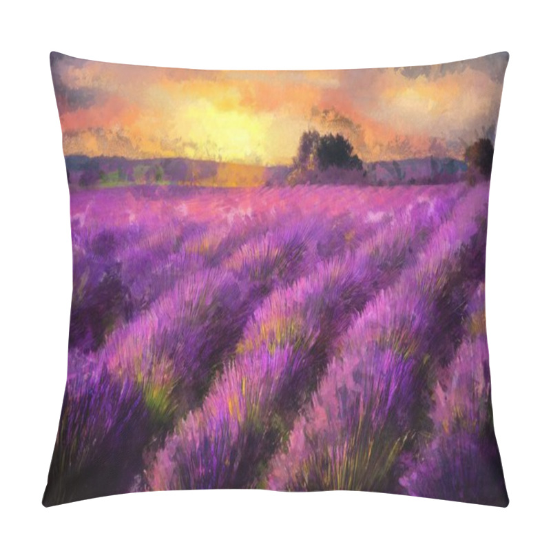 Personality  Beautiful Purple Lavender Field At Sunset. Painting Effect Pillow Covers