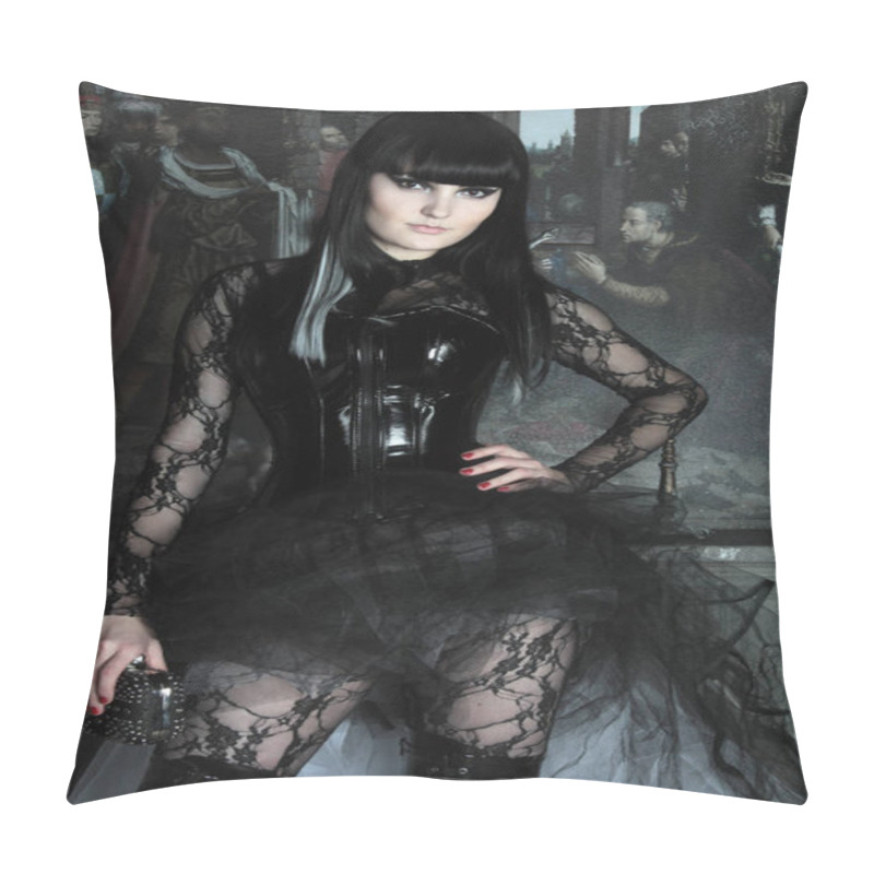 Personality  Beautiful Gothic Lady Wearing Lace Catsuit And Shiny Black Corset Pillow Covers