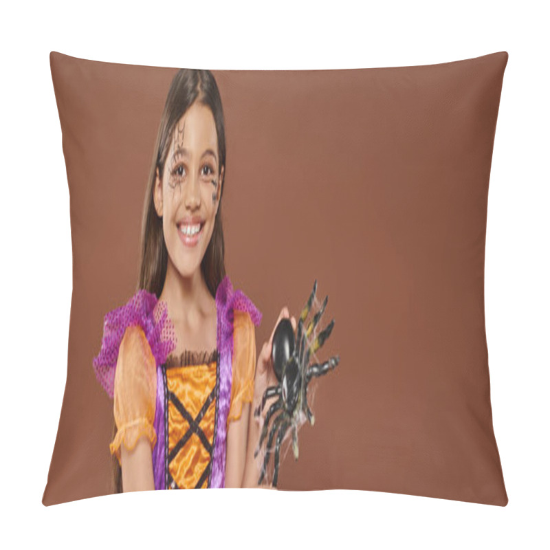 Personality  Joyous Girl In Halloween Costume With Spiderweb Makeup Holding Fake Spider On Brown Backdrop, Banner Pillow Covers