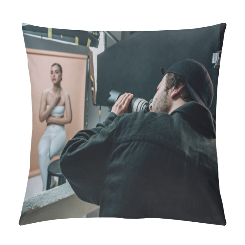 Personality  Selective Focus Of Videographer Filming Female Model In Photo Studio Pillow Covers