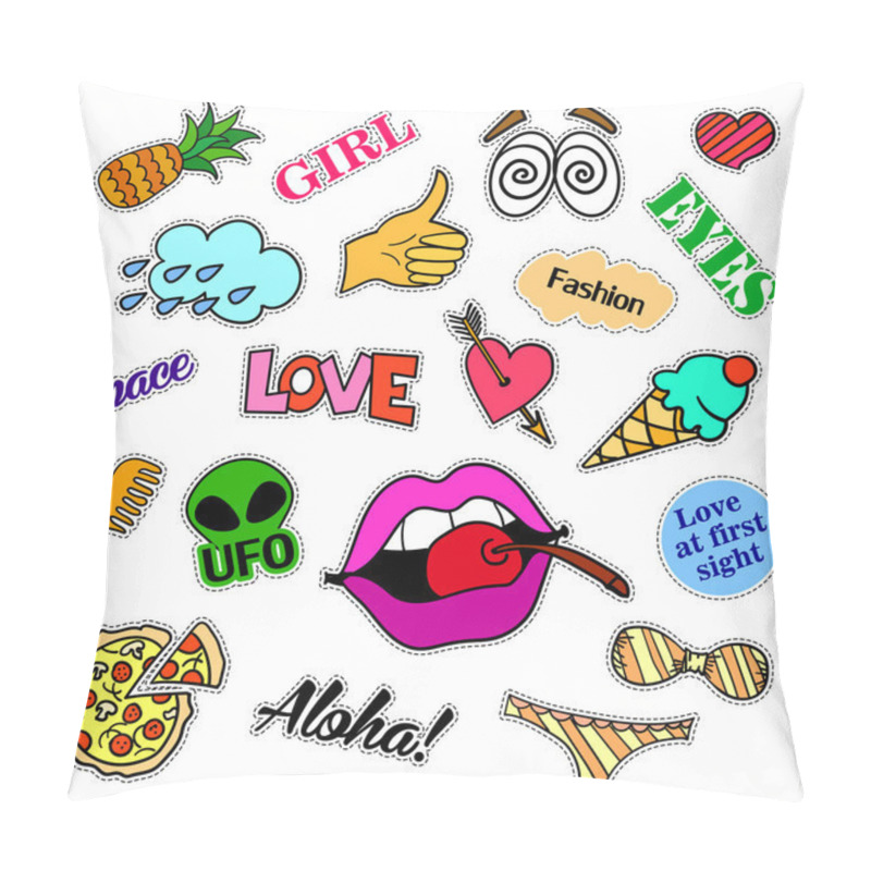 Personality  Fashion Patch Badges. Big Set. Stickers, Pins, Embroidery, Patches And Handwritten Notes Collection In Cartoon 80s-90s Comic Style. Trend. Vector Illustration Isolated. Pillow Covers