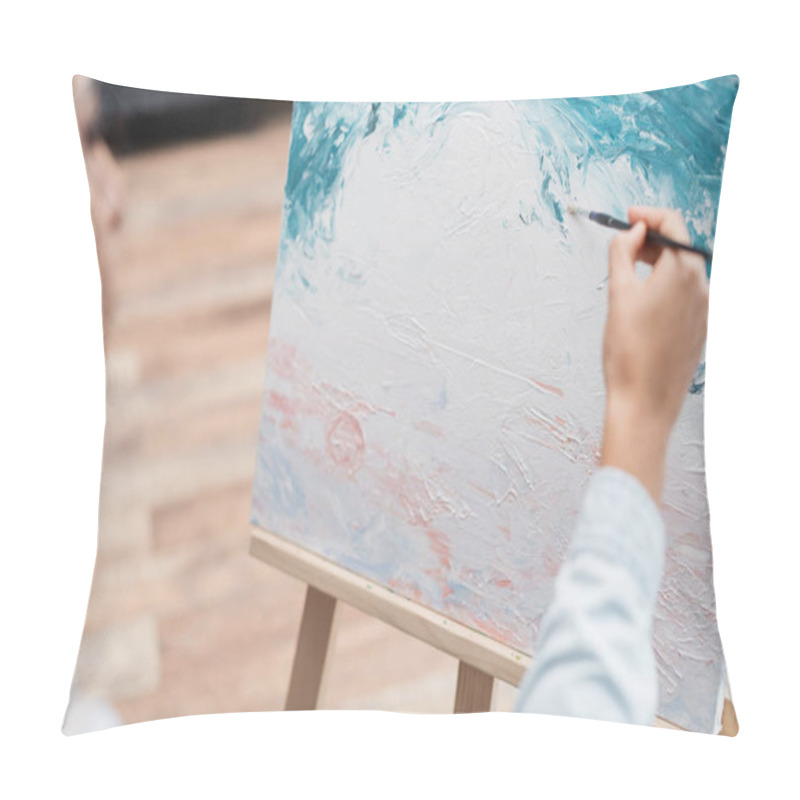 Personality  Blurred Muslim Woman Drawing Picture On Canvas At Home Pillow Covers