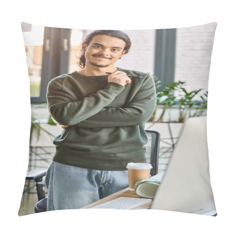 Personality  Relaxed Professional Standing With Stylus Pen And Smiling In Post-production Workspace, Man In 20s Pillow Covers