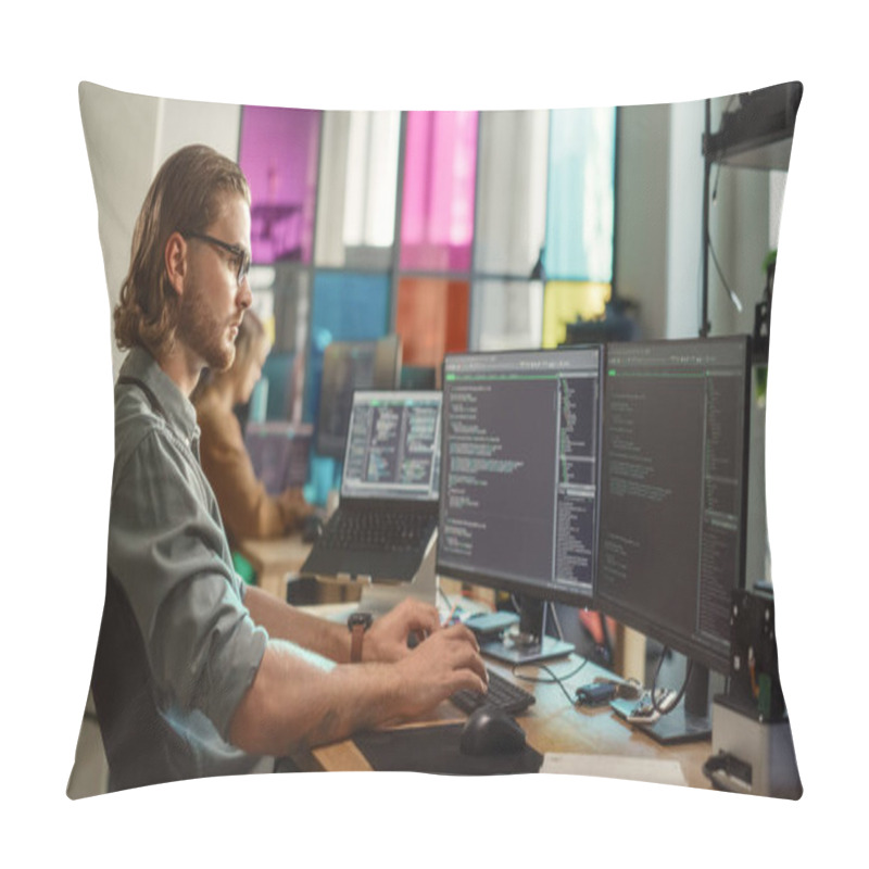 Personality  Young Caucasian Man Coding On Personal Computer And Laptop Set Up In Stylish Office. Professional Programmer Developing Innovative AI Software In Pillow Covers