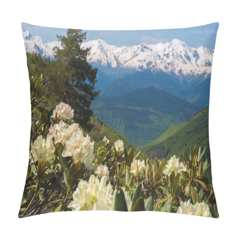 Personality  Blooming Rhododendrons On The Green Slopes Of The Mountains  Pillow Covers