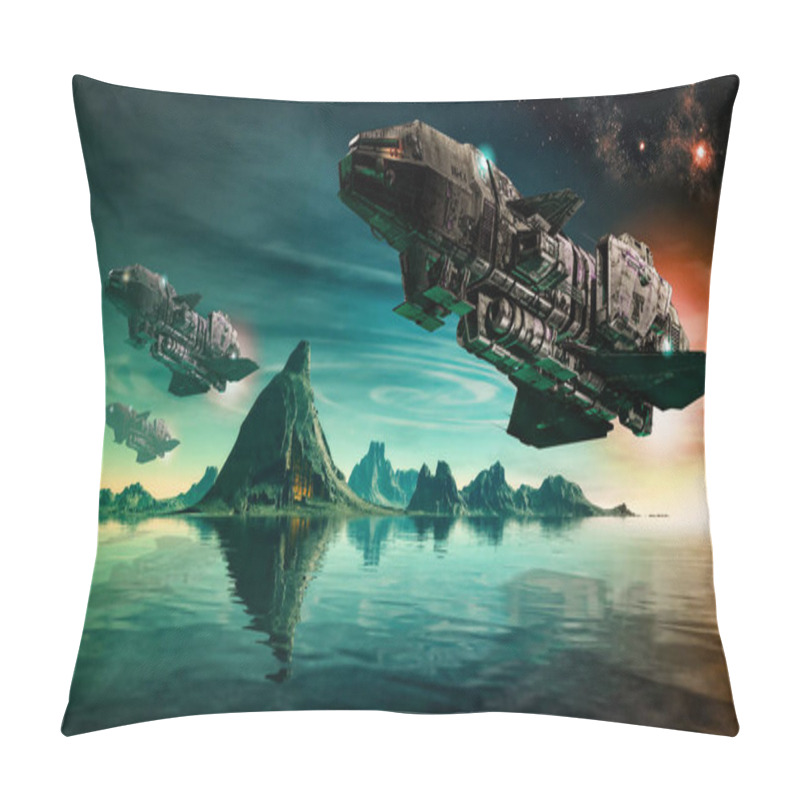 Personality  Futuristic SciFi Battle Space Ships Hover Over An Acid Ocean Of An Alien Planet, 3d Render. Pillow Covers