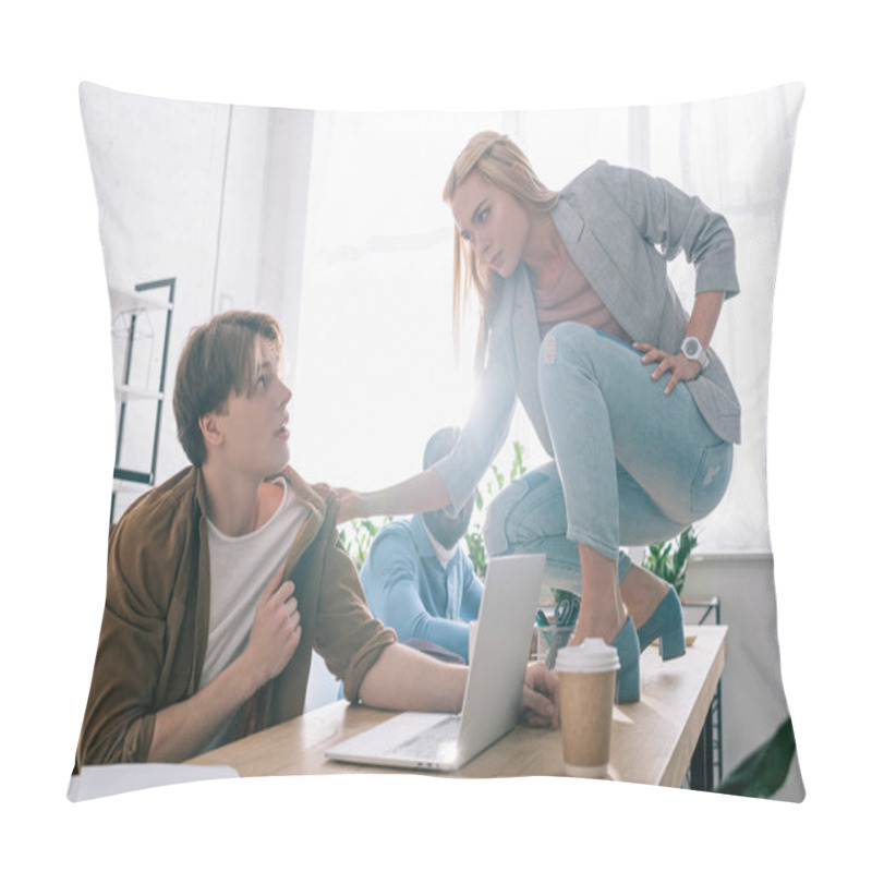 Personality  Young Businesswoman Threatening And Grabbing Collar Of Colleague In Modern Office Pillow Covers