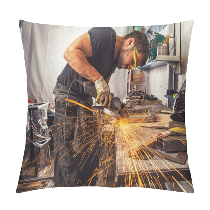 Personality  Man Weld In A Processes A Metal  With A  Angle Grinder Pillow Covers