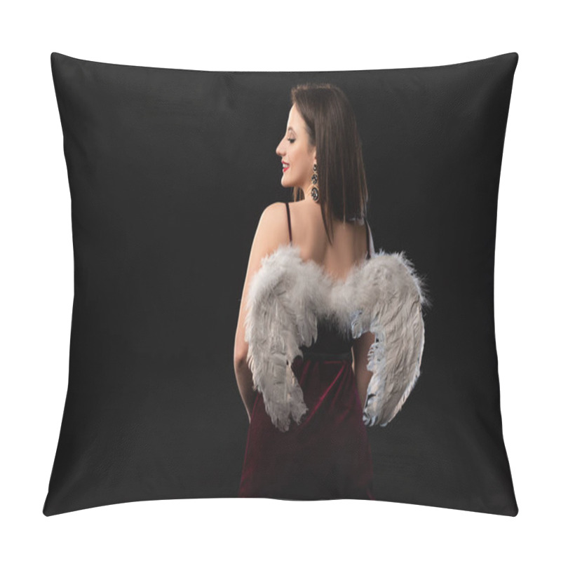 Personality  Back View Of Smiling Woman In Dress With Wings Isolated On Black Pillow Covers