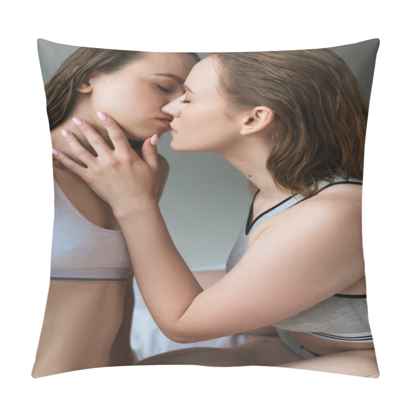 Personality  Sexy Couple Of Lesbian Women Kissing With Closed Eyes Isolated On Grey Pillow Covers