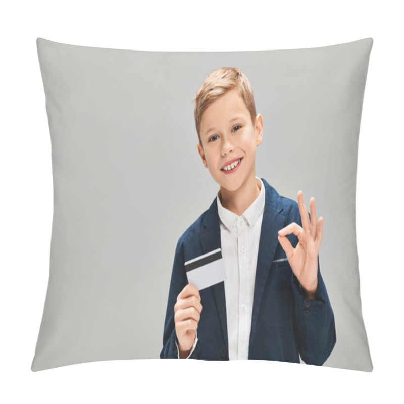 Personality  Elegant Young Boy Holding A Card And Making A Peace Sign. Pillow Covers