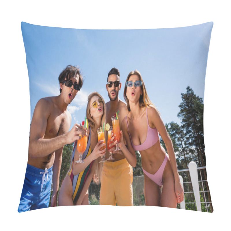 Personality  Low Angle View Of Excited Multiethnic Friends Holding Cocktails At Resort  Pillow Covers