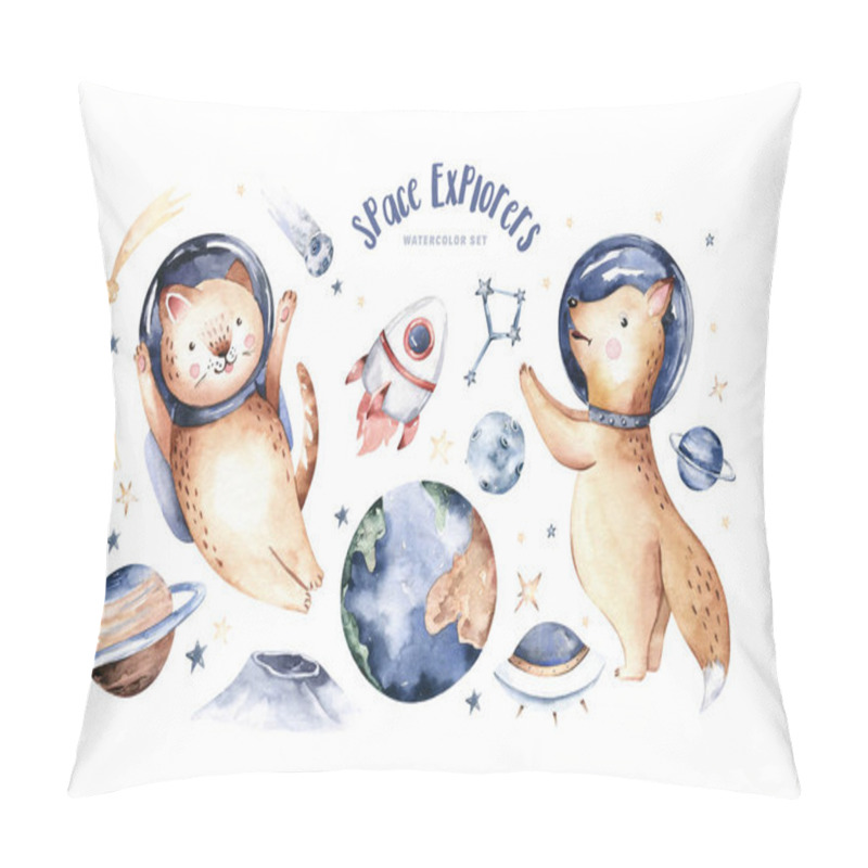 Personality  Astronaut Baby Boy Girl Elephant, Fox Cat And Bunny, Space Suit, Cosmonaut Stars, Planet, Moon, Rocket And Shuttle Isolated Watercolor Space Ship Illustration On White Background, Spaceman Cartoon Kid Astronout. Universe Illustration Nursery. Pillow Covers