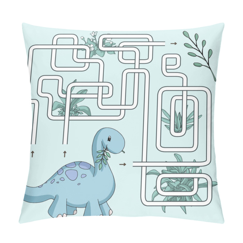 Personality  Labyrinth. Maze Game For Kids. Help Cute Cartoon Dinosaur Find Path To The Leaf. Vector Illustration. Green And Turquoise Pastel Colors. Pillow Covers