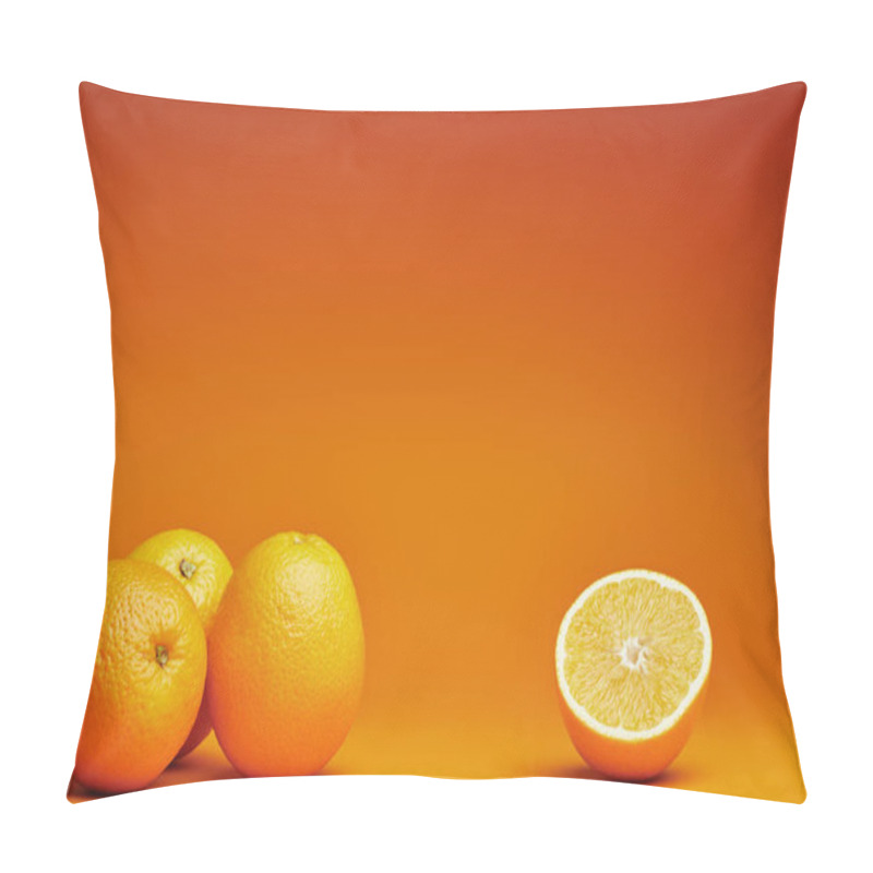 Personality  Close-up View Of Whole And Halved Oranges On Orange Background  Pillow Covers