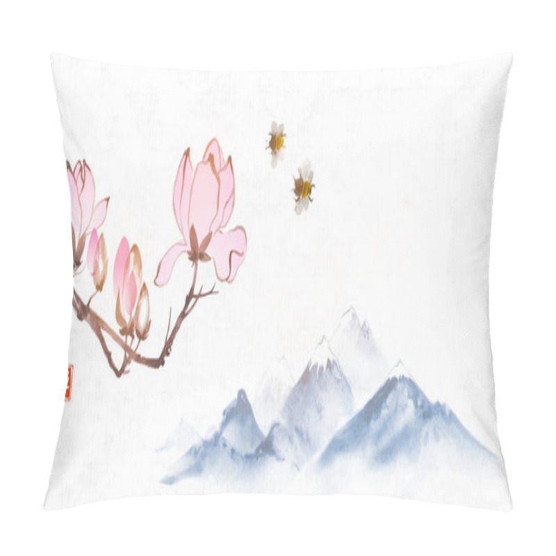 Personality  Pink Magnolia Flowers And Distant Blue Mountains. Traditional Oriental Ink Painting Sumi-e, U-sin, Go-hua. Translation Of Hieroglyph - Zen. Pillow Covers