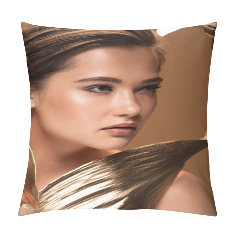 Personality  Beautiful Young Naked Woman With Decorative Golden Leaves Isolated On Beige Pillow Covers