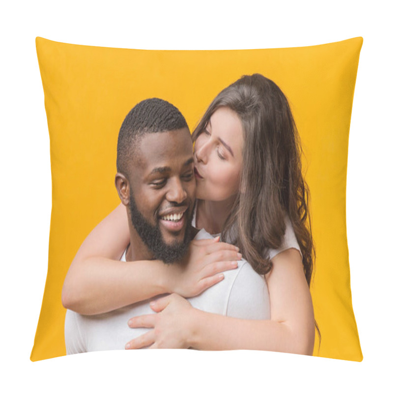 Personality  Loving Woman Kissing And Hugging Her Afro Boyfriend From Back Pillow Covers