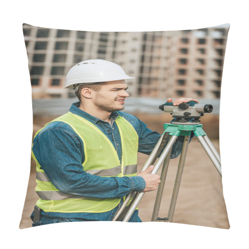 Personality  Surveyor Holding Digital Level With Construction Site At Background Pillow Covers