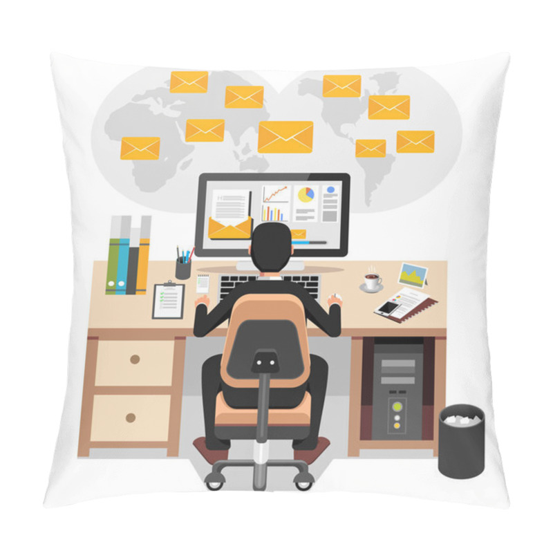 Personality  Businessman Sending Or Receiving Email. Business Email Marketing. Email Advertisement. Pillow Covers